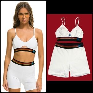 Aviator Nation 2 Piece LOGO ELASTIC KEYHOLE BRA & SHORTS SET - WHITE | EUC!♥️🌈⚡️